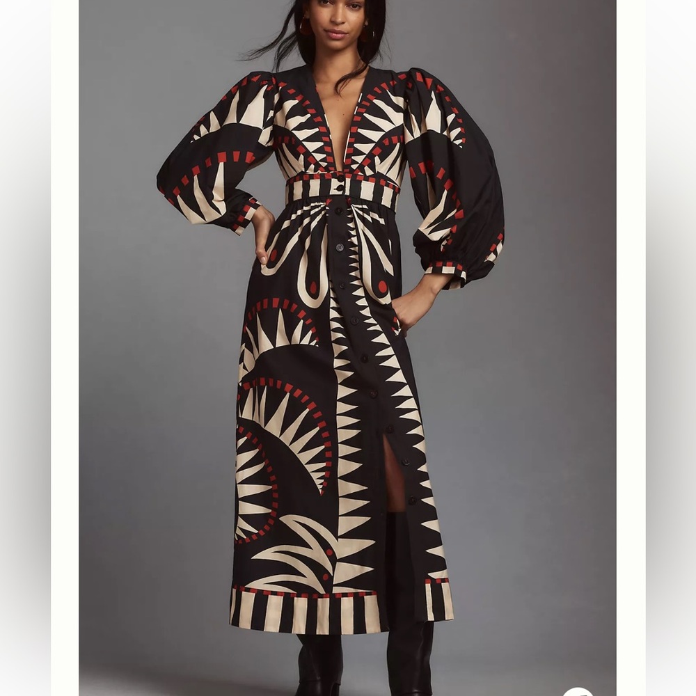 Farm Rio Coconut Grove Puff-Sleeve V- Neck Maxi Dress